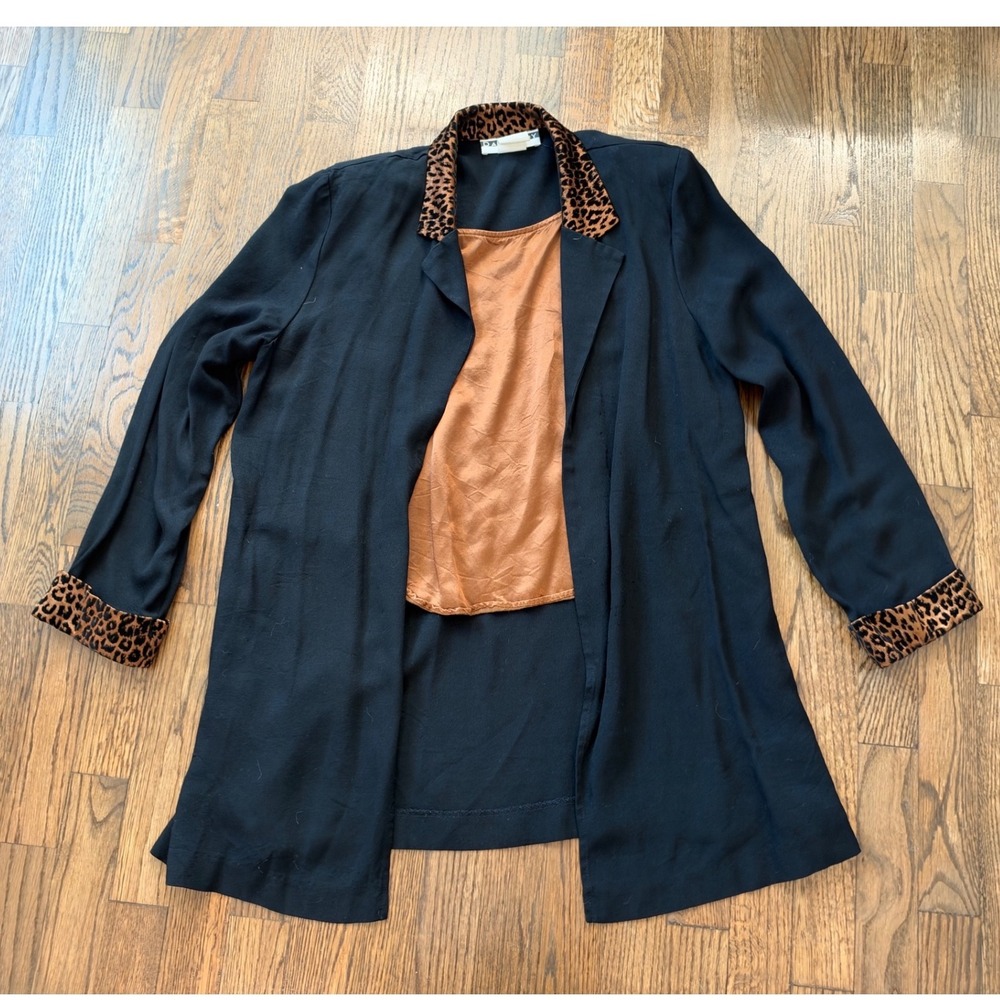 Vintage Dana Kay Black Cardigan Leopard Print Trim w/ Copper Satin Camisole Set